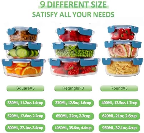 18 Piece Glass Food Storage Containers with Snap Locking Lids for Meal Prep