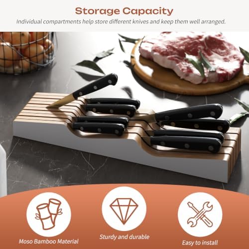 In-Drawer Knife Block Organizer - Bamboo Wood Drawer Knife Organizer-Protecting Knife Organizer Block (Not Included) (White, 9 Knives Dock)