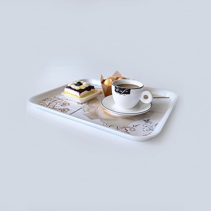 Large Serving Platter Melamine Trays 2 Pack Stackable Food Tray with Floral Print for Gift, Party, Decor, Home, Restaurant (Gold Rose, Medium)