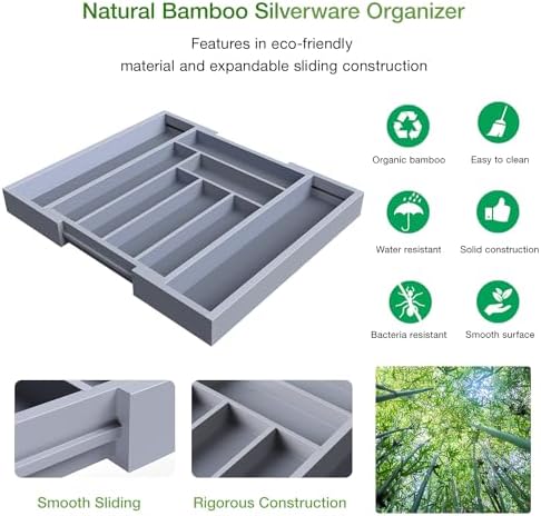 Pipishell Bamboo Expandable Drawer Organizer for Utensils Holder, Adjustable Cutlery Tray, Wood Drawer Dividers Organizer for Silverware, Flatware, Knives in Kitchen, Bedroom, Living Room(Grey)