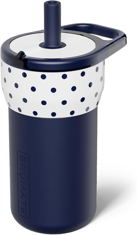BrüMate Leap 12oz 100% Leakproof Kids Tumbler with Handle & Silicone Soft Straw | Durable Drop Resistant Silicone Sleeve | Made of Insulated Stainless Steel | Cup Holder Friendly | (White Polka Dots)