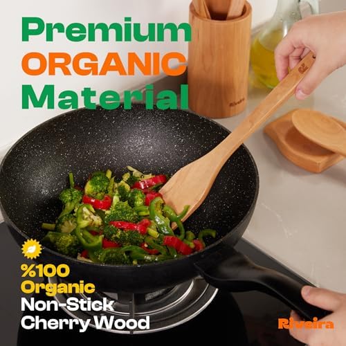 Riveira Cherry Wooden Spoons for Cooking Set of 3 – Natural Cherry Wooden Cooking Utensils, Wooden Spatula, Wooden Spoon - Premium Quality Utensil Set for Non-Toxic Cooking
