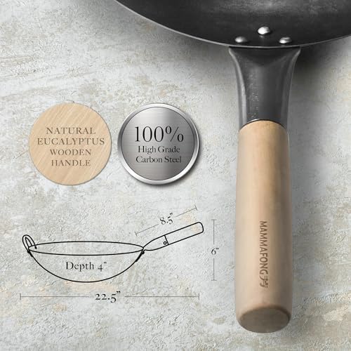 Round Bottom 14-inch Traditional Carbon Steel Wok Pan - Authentic Hand Hammered Woks and Stir Fry Pans - Pow Wok with no chemical coating