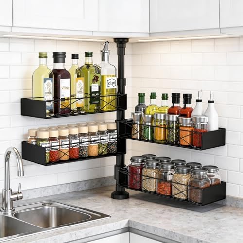 MIXOO Spice Rack Organizer Tension Pole, 4-Tier Adjustable Spice Organizer