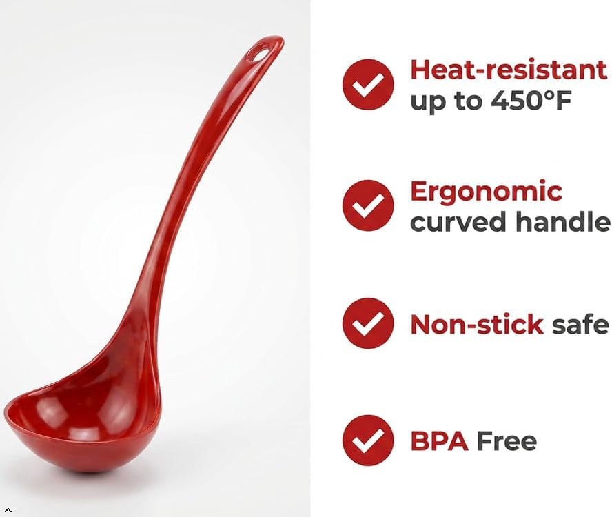 Reston Lloyd Melamine Soup Ladle Kitchen Utensil, Premium Quality Utensil with Heat Resistant Ergonomic Handle, Durable BPA-Free Plastic, 10.5 inch long, 6pc Set, Red