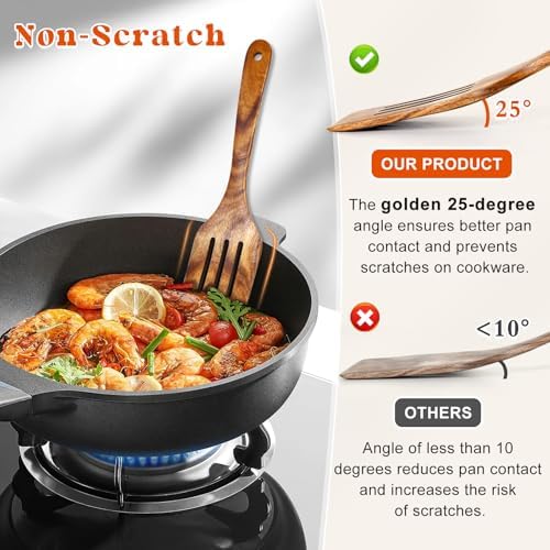 2Pcs Wooden Spatula, Acacia Solid & Slotted Turner Spatula Set, Long Handle Flat Frying Spatulas, Ideal Kitchen Gift for Mother and Grandma, Kitchen Utensils Set for Cooking, Frying, Baking