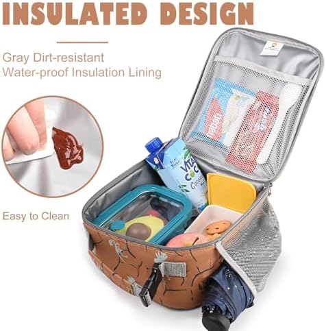 CaCTOUR Lunch Box Kids,Premium Insulated Lunch Bag for Girls Boys,Soft Bag Mini Cooler Back to School Thermal Reusable Lunch Bag for Work School Picnic (Brown Dino)