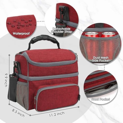 FlowFly Double Layer Cooler Insulated Lunch Bag Adult Lunch Box Large Tote Bag for Men, Women, With Adjustable Strap,Front Pocket and Dual Large Mesh Side Pockets