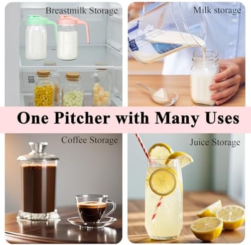 Mason Jar Pitcher, 32 oz Glass Milk Pitcher, Wide Mouth & Leakproof Glass Pitcher with Lid for milk, Sun Tea, Juice, Cold Brew Coffee and Drinks