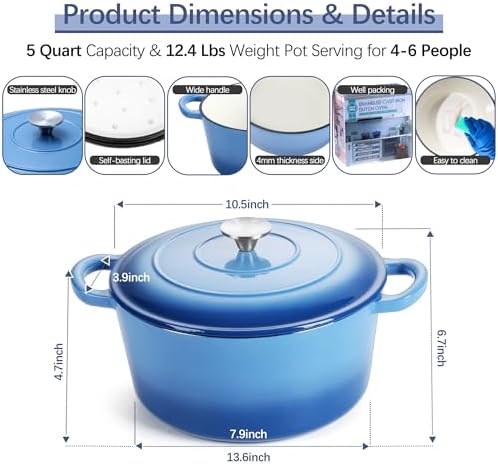 E-far Dutch Oven Pot with Lid, 5 Quart Enameled Cast Iron Round Dutch Oven Stockpot for Bread Baking/Braising/Cooking/Roasting/Stewing, Heavy Duty Nonstick Cookware Safe for Induction & Oven - Blue