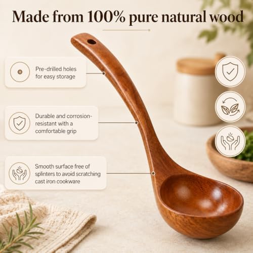 Wooden Ladle Soup Spoon Long Handle Serving Cooking 10.6inch, 1Pc