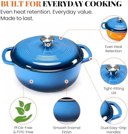 Sweetcrispy 6 Qt Enameled Cast Iron Dutch Oven Pot with Lid, Blue