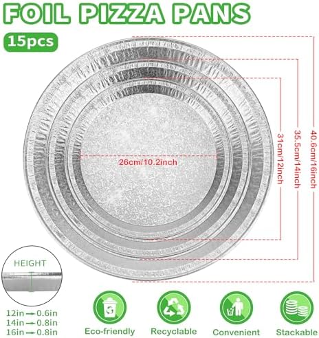 15 Pack Disposable Pizza Pans 16IN, Large Aluminium Foil Serving Platters/Trays for Parties, Silver Embossed Foil Serving Dishes/Plates for Vegetable, Fruit, Slices of Cake, Cookies