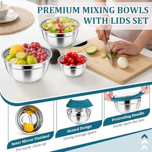 P&P CHEF Metal Mixing Bowls with Lids Set, Visible Airtight Lids & Blue