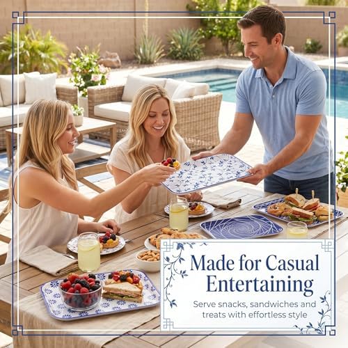 Vesici 4 Pack Blue White Melamine Serving Trays, 13 x 10 Inch Platters