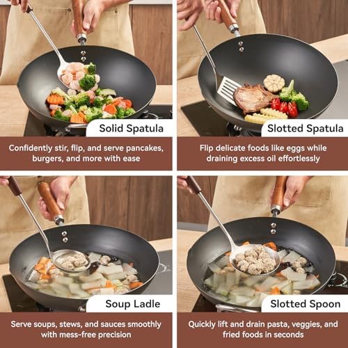 WANGYUANJI 4-Piece Wok Spatula and Ladle Set, Heavy Duty 304 Stainless Steel Kitchen Utensils with Heat Resistant Wooden Handle, Long Metal Turner & Skimmer for Carbon Steel Wok & Cast Iron Skillet