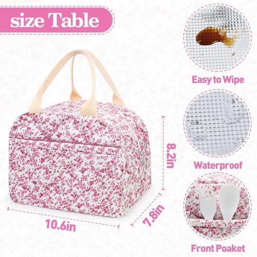 Cotton Quilted Insulated Lunch Bag, Reusable Quilted Floral Lunch Tote Bags