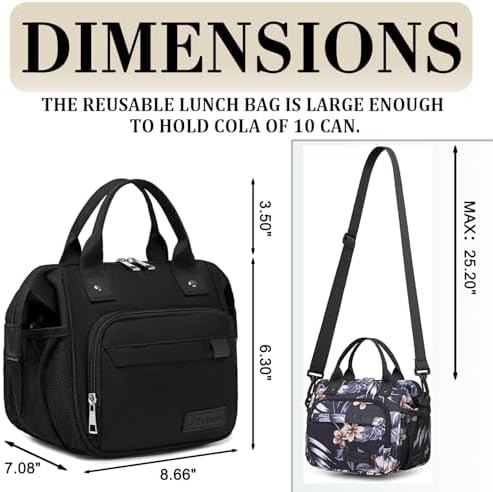 TuErCao Small Lunch Bag Lightweight Insulated Lunch Box for Women Work Portable Soft Cooler for Picnic Travel Road Trips, Loncheras para Mujer, Black