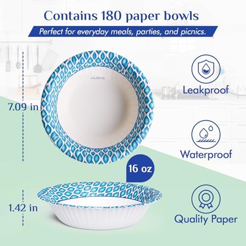 MUCHII 180 Count Paper Bowls 16 oz, Printed Soak Proof Disposable Bowls Bulk for Breakfast, Lunch, and Dinner Meals