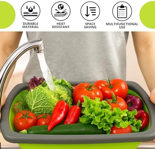 3PCS Green Foldable Kitchen Strainer Set – Silicone Colander Collapsible Strainers and Colanders Green Collander for Kitchen Collapsible Compact Drain Tools for Cooking Prep