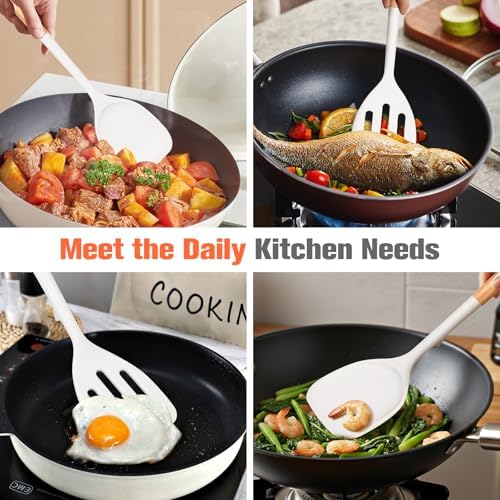 Extra Large Silicone Spatula Turner Set with Wooden Handle (White)