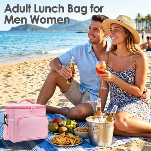 FlowFly Insulated Reusable Lunch Bag Adult Large Lunch Box for Women and Men with Adjustable Shoulder Strap,Front Zipper Pocket and Dual Large Mesh Side Pockets,Pink
