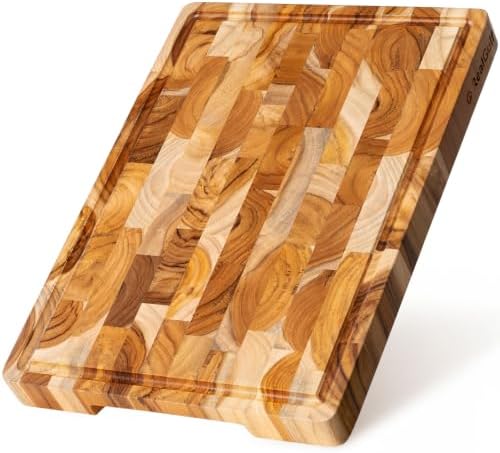 14x10 End Grain Teak Cutting Board with Juice Groove, Non-Slip