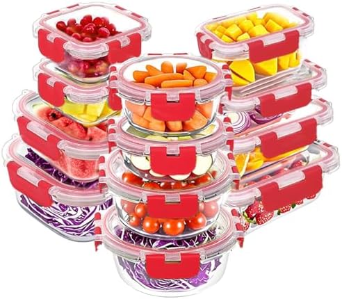 VERONES 12 Packs Glass Food Storage Containers Set with Lids, Red