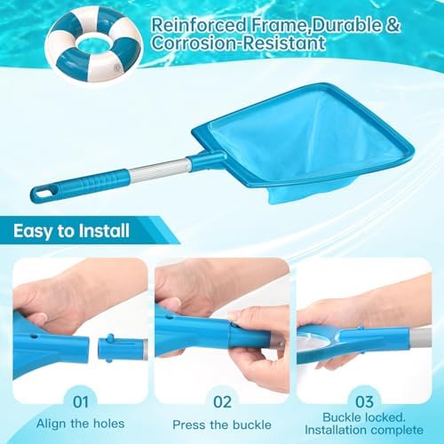 Pool Net, Professional Swimming Pool & Hot Tub Skimmer Net Accessories, Heavy Duty Pool Leaf Rake Cleaning Tool with Pole, Fine Nylon Mesh Bag Easy to Clean Bugs, Debris, Leaves(Blue)
