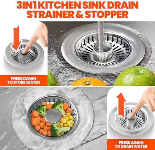 3 in 1 Kitchen Sink Drain Strainer and Stopper Brushed Silver