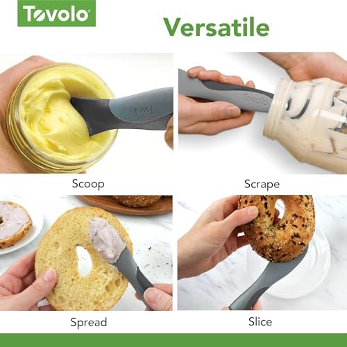 Tovolo Mini Scoop and Spread Tool for Kitchen Meal Prep Small Sandwich Spreader Spatula for Peanut Butter Jelly, Silicone BPA Free Dishwasher Safe Scooper Spreader, Oatmeal and Oyster Gray