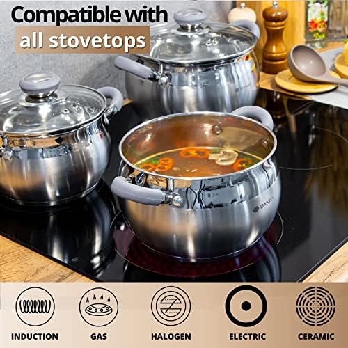Daniks Modern 2 Quart Stainless Steel Stock Pot with Glass Lid, Tri-Ply Bottom for Even Heating, Induction Compatible, Dishwasher Safe, Heatproof Handles