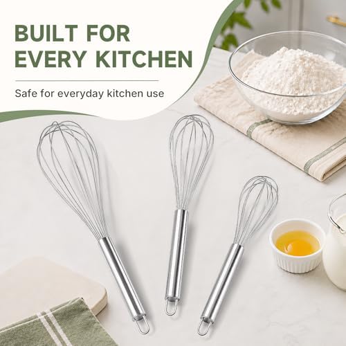 3 Pack Stainless Steel Balloon Whisk Set, 8/10/12 Inch Manual Egg Beater, Multipurpose Kitchen Wire Whisk for Baking, Cooking, Blending & Stirring