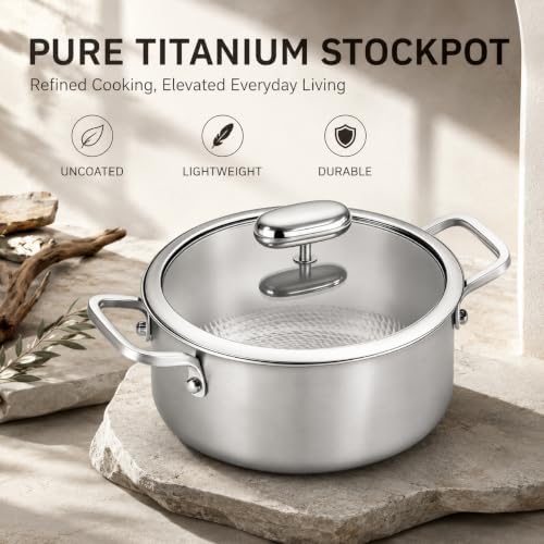 Titanium Soup Pot, Pure Titanium Hammered Stock Pot, Soup Pot for Pasta, Heavy Duty Induction Cooking Pot, Even Heating, Nonstick Thick Bottom Big Stockpot, Dishwasher Safe,6 Quarts