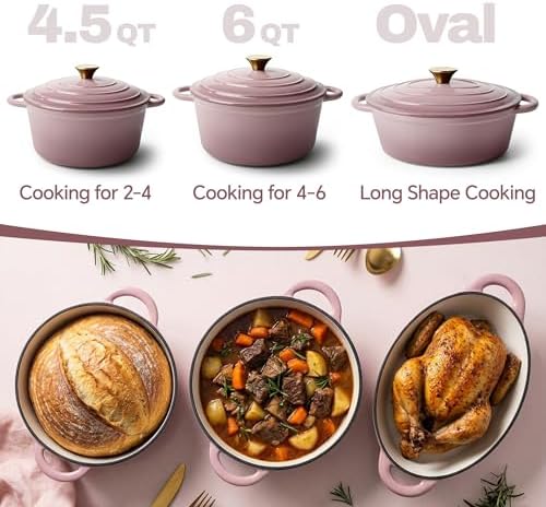 Vintage Style 4.5 Quart Dutch Oven Pot with Lid, Non Stick Enameled Cast Iron Dutch Oven for Bread Baking, Heavy-Duty, Oven Safe Ceramic Cookware Up to 500°F for Baking, Braising, Stews, Roasting, Pink
