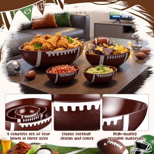 Qinyoung 4 Pack Football Serving Bowls Set, 3 Sizes Melamine Snack Bowls, Reusable Sports Themed Dishes for Game Day, Birthday Party, Chips Popcorn Candy Fruit Serving Supplies