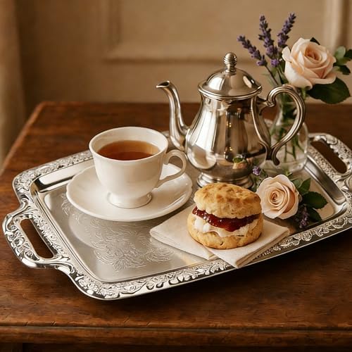 4-Pack Large Rectangle Silver Serving Trays, 15.4" x 9.3" Stainless Steel Mirror Finish Platters for Party, Wedding, Buffet, Dessert, Appetizer and Catering Display