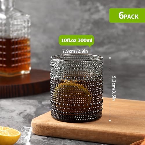 Moretoes 10oz Gray Hobnail Drinking Glasses Set of 6 Cocktail Glasses