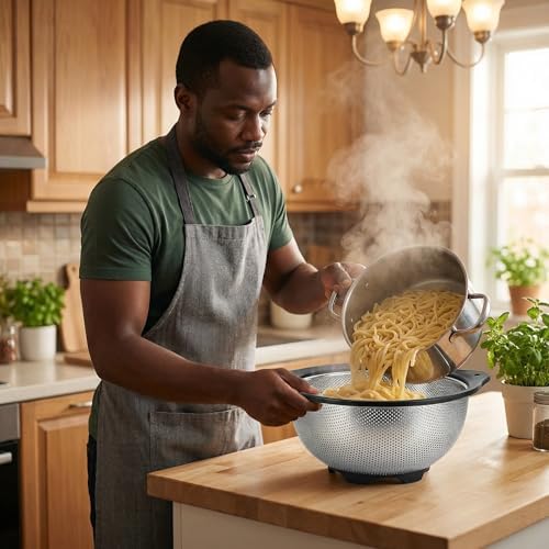 304 Stainless Steel Colander 3-Quart, Heavy Duty Metal Strainer with Riveted Handles, Micro-Perforated Food Strainer for Draining Pasta, Orzo, Rice, Berry, Stable Ring Base, Rust Free