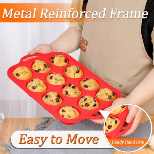 CAKETIME Silicone Muffin Pan with Metal Reinforced Frame Regular Size Muffin Pan with Handle Easy to Move 12 Cups for Baking Nonstick Muffin Tin BPA Free 1 Pack Red