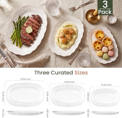 Kassel Ceramic Serving Platter Set | 16”/14”/12” Oval Serving Trays for Entertaining at Parties and Weddings | Oven Safe Extra Large Serving Trays for Tacos, Steak, and Cake