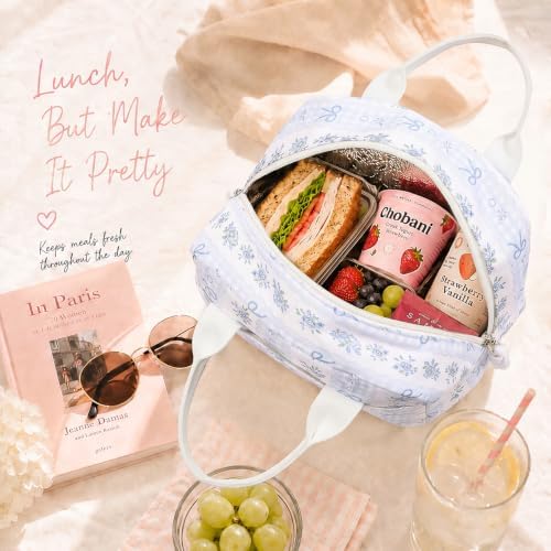LOVELYWIND Lunch Box for Women, Insulated Lunch Bag, Blue Floral Tote