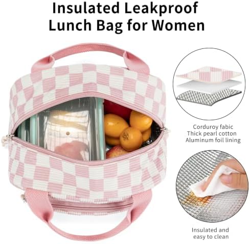 Lunch Bag Women Lunch Box for Women Adult Cute Insulated Lunch Bag Small Cooler Lunch Tote Bags for Work Picnic School (Beige-Pink Plaid)