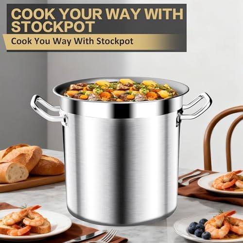 Stainless Steel Stock Pot，20QT Large Stock Pot with Lid for Boiling Cooking Soup Stew Canning, Heavy Duty Tri-Ply Bottom for Boiling Cooking Soup Stew Canning Cooking Pots, Cookware Sauce Pots