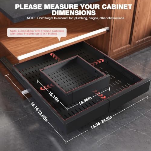 Seinloes 4 Pack Pull Out Cabinet Organizer Expandable Width(15"-25") and Depth(17"-24"),Slide Out Drawers With Raising Pad for Framed Cabinets,No Drill Roll Out Shelves for Kitchen,Bathroom,Black