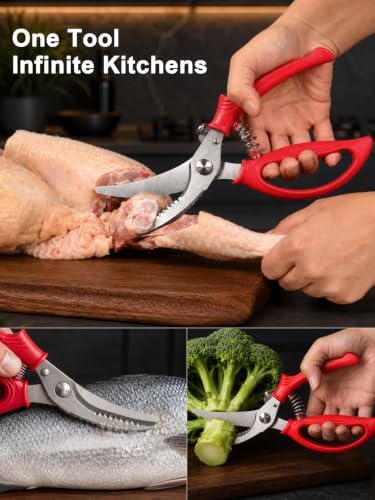 Poultry Shears, Kitchen Shears with Spring Loaded, Heavy Duty Poultry Scissors for Meat, Chicken,Turkey, Anti-Slip Handle,Safety Lock,Dishwasher Safe