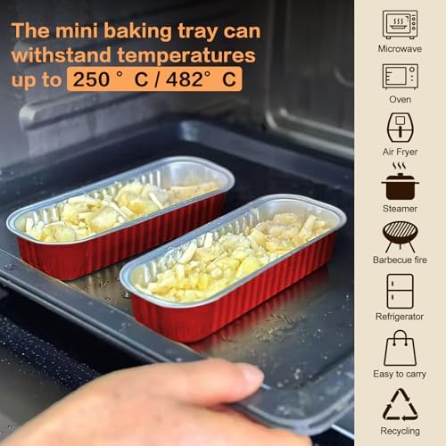 Mini Cake Pans With Lids And Spoons 50 Pack,6.8 oz Rectangle Mini Loaf Pans Disposable Aluminum Foil Baking Cups Muffin Tins - Pink (50, red)