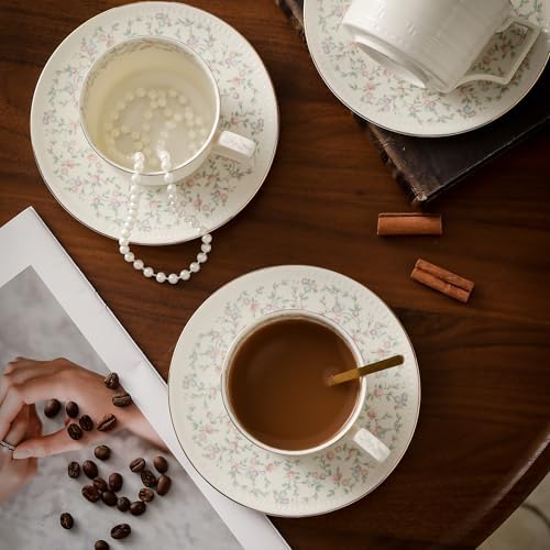Country Roses Porcelain Tea Cup and Saucer Set with Gold Trim, Vintage Style, For Women and Tea Parties (1, G)