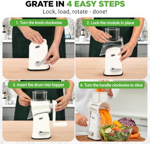 NutriChef 5 in 1 Cheese Grater & Shredder | 5 Different Blades for Thin, Thick, Julienne Strips, Wavy, & Straight Strips | Includes Hand Crank, Strong Suction Base & Storage Container | White
