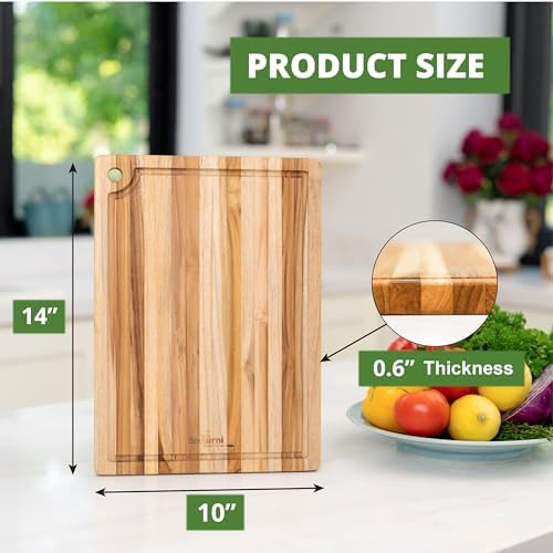 BEEFURNI Teak Wood Board with Juice Groove & Hanging Hole (14x10x0.6")